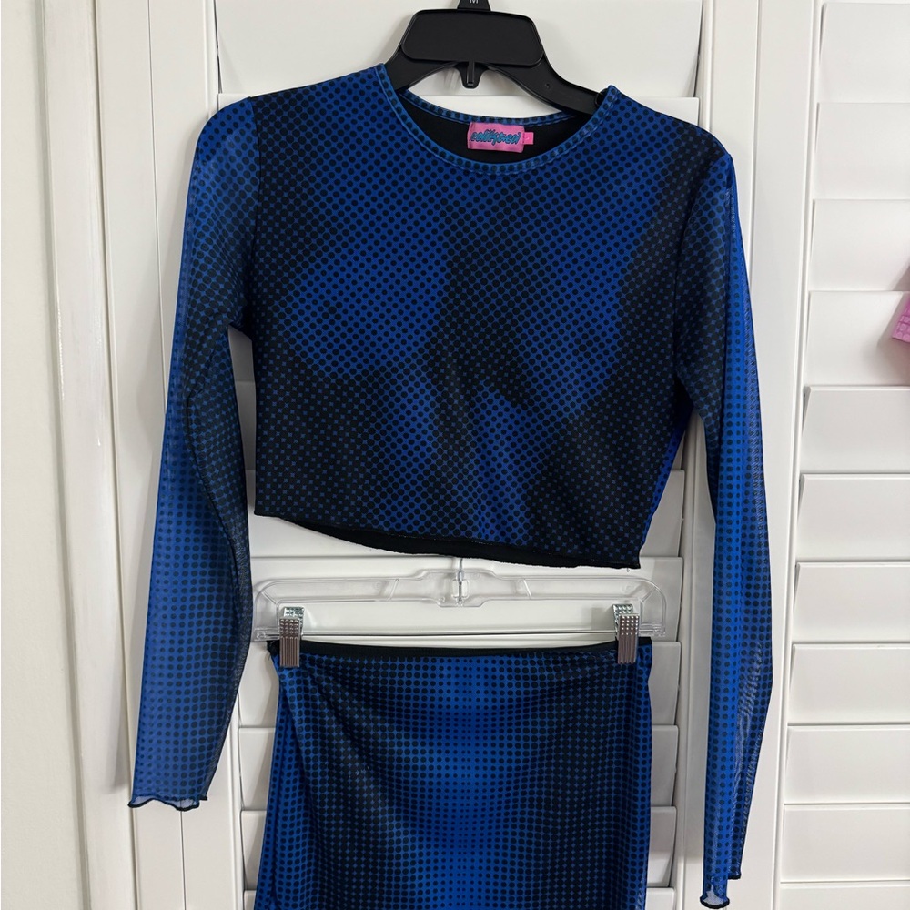 Edikted Blue and Black Mesh Crop Top and Skirt Set